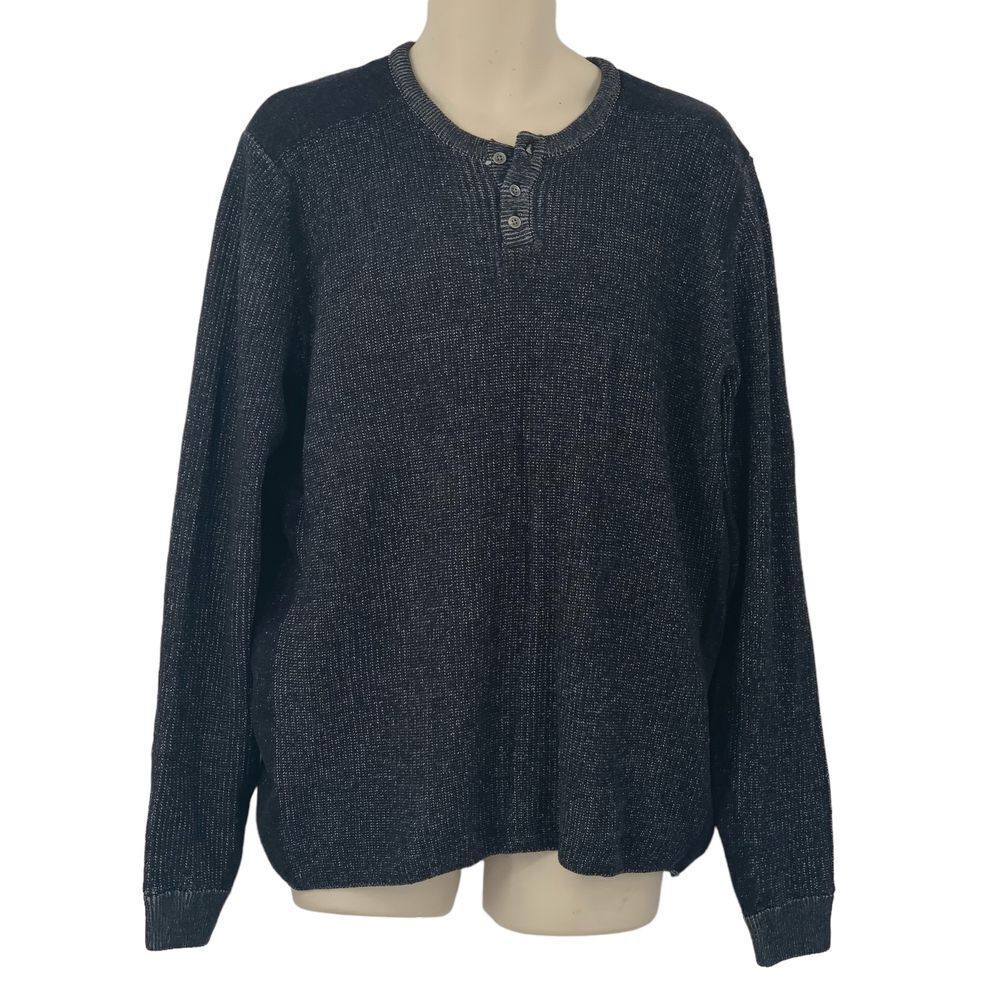 American Rag Men's Ribbed Knit Long Sleeve Henley Pullover Sweater Black/Gray L